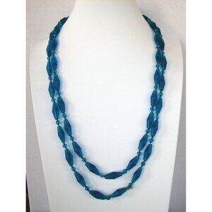 Vintage Blue Glass Beads One Strand Beaded Necklace 52"